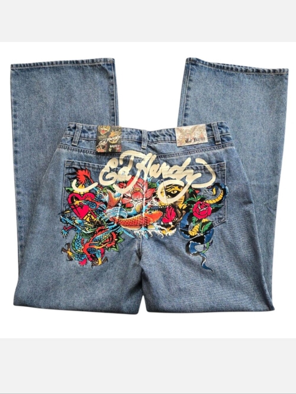 NWT Ed Hardy Women's 32 Baggy Jeans Y2K Painted Tattoo Heart Koi Graphic Denim